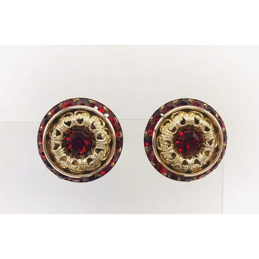 Vintage Red Glass Rhinestone Screw Back Domed Earrings Gold Tone